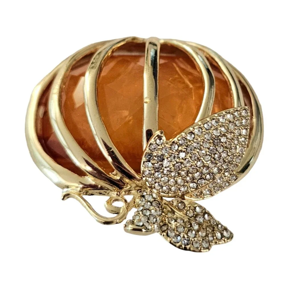 Napier Gold-Tone Caged Orange Resin Pumpkin Rhinestone Leaf Brooch Signed, L98 - Picture 5 of 8